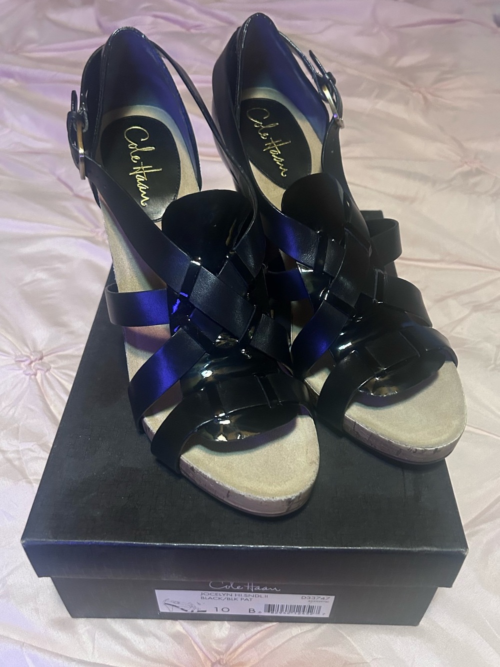 Cole Haan Black Patent Leather Wedge Sandals